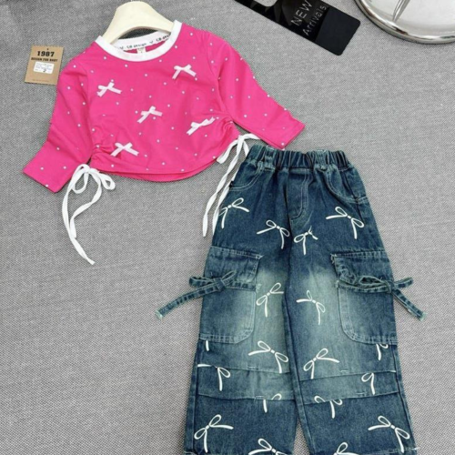 Girl 2pcs set Pink long-sleeve top with ribbon/denim