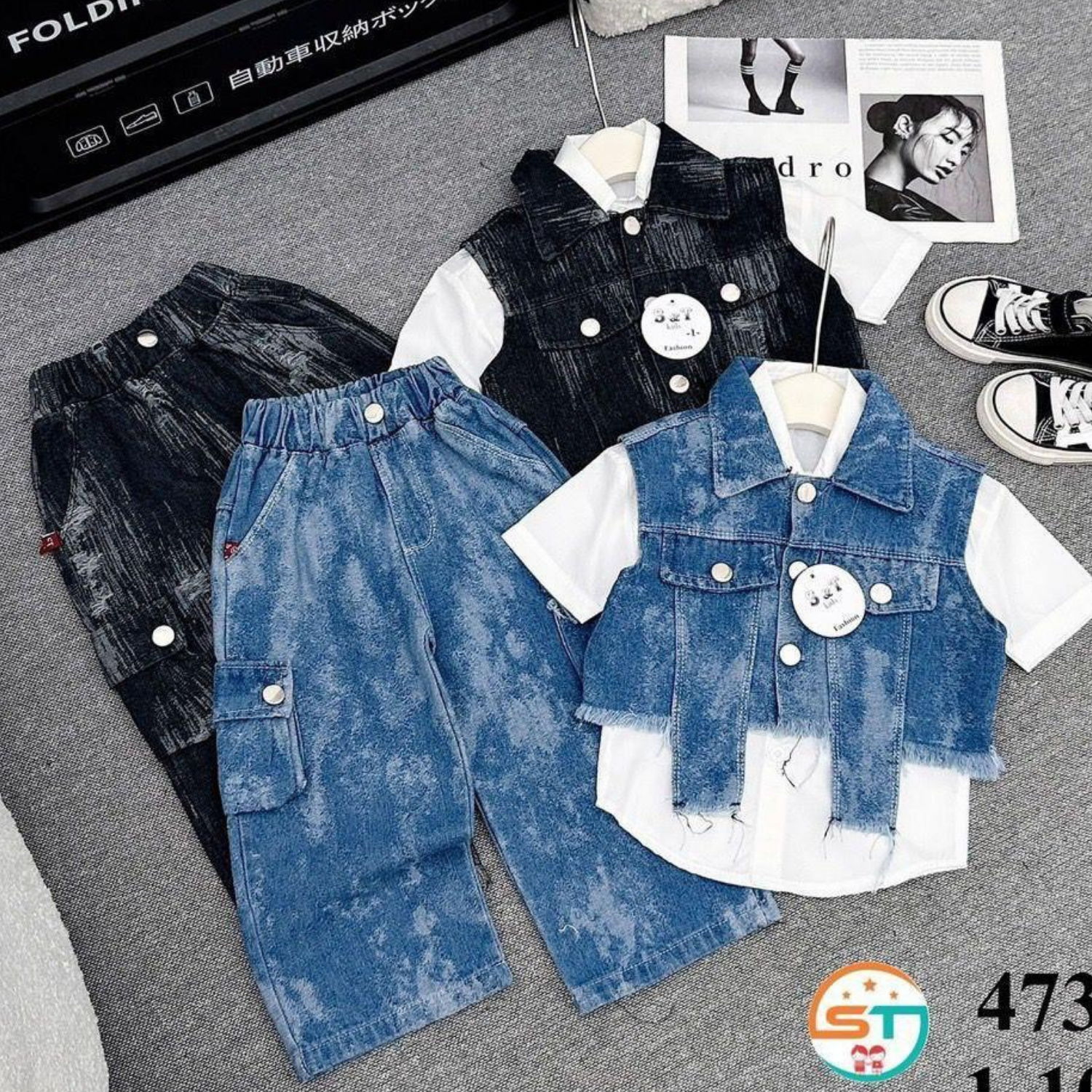 Boys 3pcs denim set/white Short-sleeve