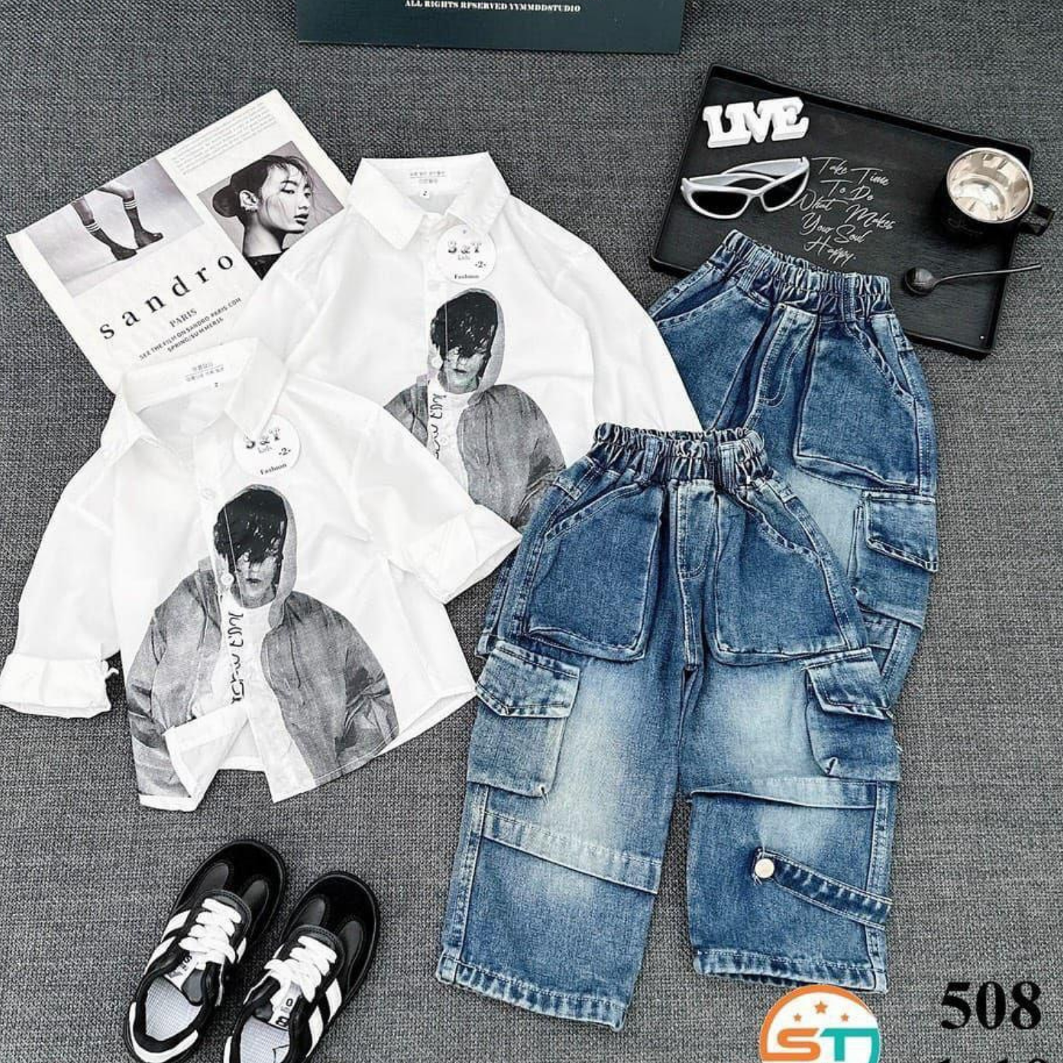 Boys 2pcs denim set/white Long-sleeve