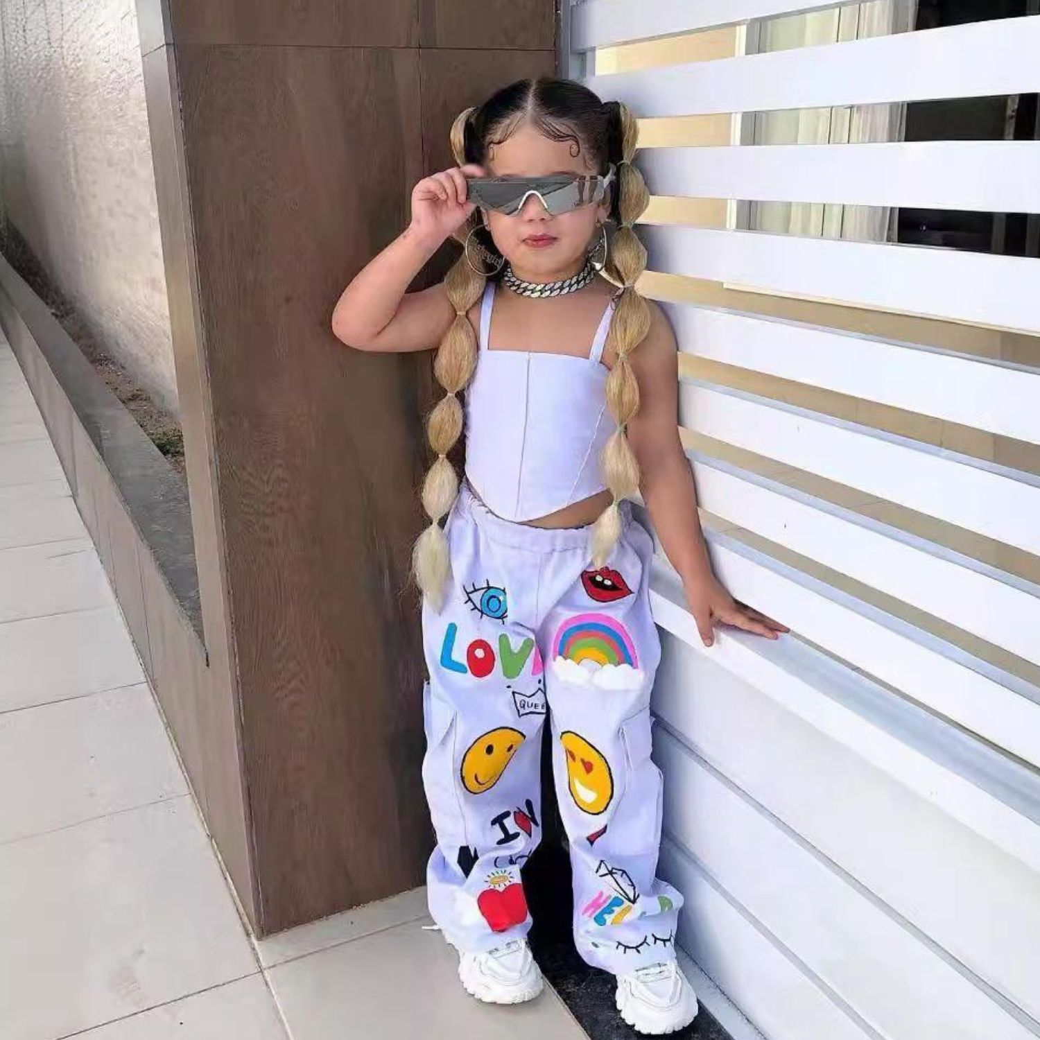 Girls white up/down with emoji designs Trousers